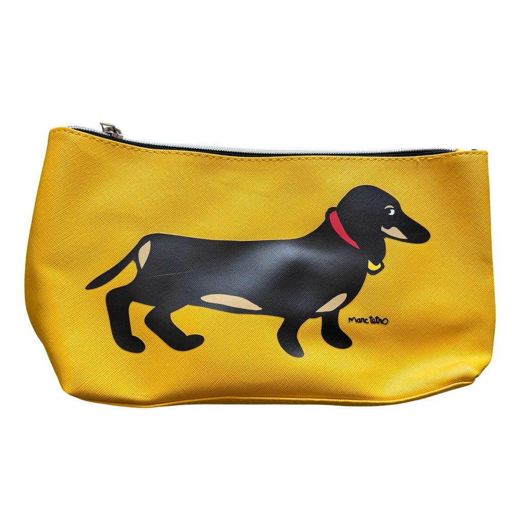 Marc Tetro Dachshund Cosmetic Bag Womens Large Yellow Good Weiner Dog Pouch